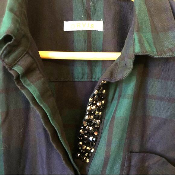 Orvis Plaid Studded Button Down Shirt Woman’s Size 10 Long Sleeve Blue Green - Picture 3 of 9